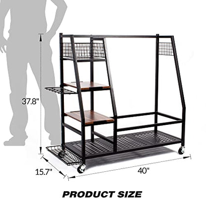 Sttoraboks Golf Bags Storage Garage Organizer, Golf Bag Rack Fits 2/3 Golf Bags and Golf Equipment Accessories, Golf Club Storage Stand with Wooden Shelf and Lockable Wheels for Garage Indoor Basement - style: 2pcs Bag Stand