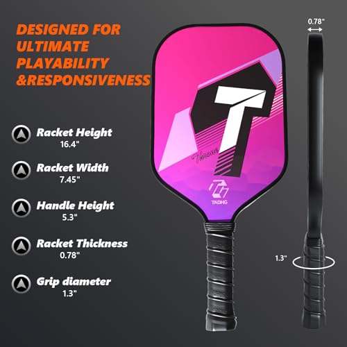 TADHG Pickleball Paddle Set 2 Lightweight 8.4oz Paddles with Honeycomb Core Spin-Friendly Surface 4 Balls - color: 06.Pink