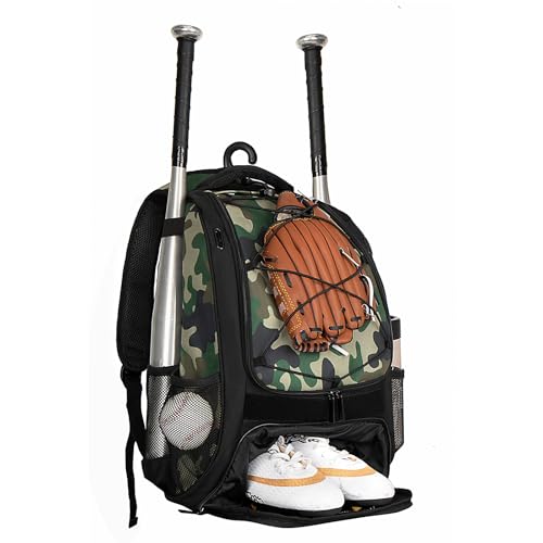 WOLT Youth Baseball Bag - Bat Backpack for Baseball, T-Ball & Softball Equipment & Gear, Bat & Glove Holder, Large Main Compartment for Helmet & accessories, Separate Shoes Compartment, Fence Hook - color: Camogreen