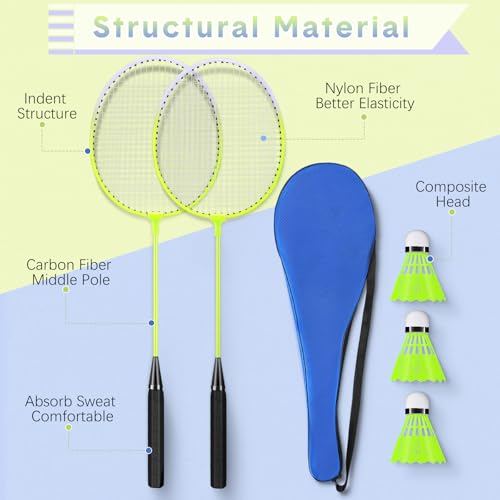 12 Pack Badminton Rackets Set Including Badminton Racquets, Nylon Shuttlecocks and Carry Bag for Outdoor Backyard Games Beginners - color: Fluorescent Yellow