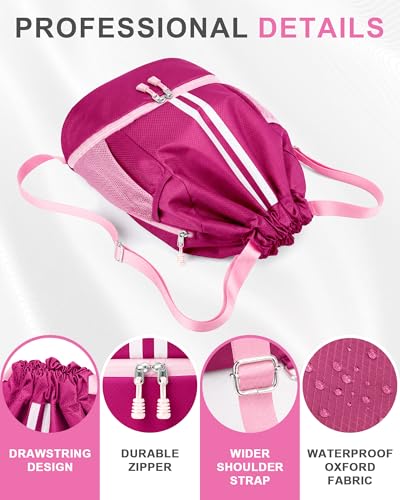 JELUTAR Soccer Bag, Drawstring Soccer Backpack with Shoe Compartment, Water Resistant Sport Gym Bags for Volleyball Basketball Football Beach Swim Pool - color: Rose Pink