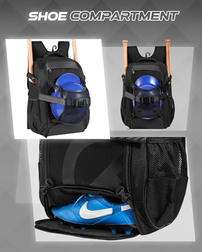 Large Baseball Backpack for Adult Youth 42L Softball Bat Bag with Detachable Adjustable Helmet Mesh Pocket Fit Basketball Soccer Volleyball Baseball Equipment Bag for Men Women 12+ Boys Girls - color: Black