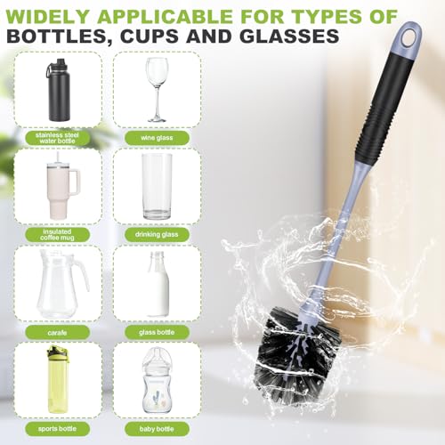 Long Handle Bottle Brush, Reusable Water Bottle Cleaner Brush, Flexible Scrub Brush for Water Bottles, Glasswares, Mugs, Thermos, Black, 2 Pack
