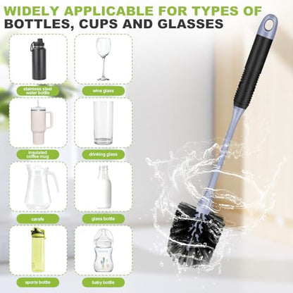 Long Handle Bottle Brush, Reusable Water Bottle Cleaner Brush, Flexible Scrub Brush for Water Bottles, Glasswares, Mugs, Thermos, Black, 2 Pack