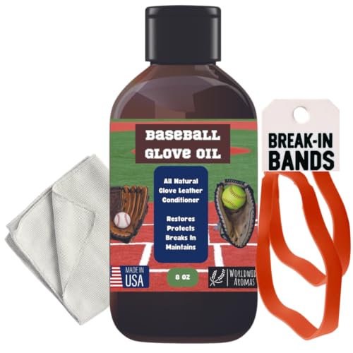 Baseball Glove Break-in Oil Kit with Microfiber Wipe & Break in Bands - Easy Conditioning Formula for Softball & Baseball Mitts, Large 8oz Bottle