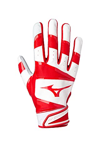 Mizuno B-303 Baseball Batting Gloves | Pair | Adult and Youth | Full Grain Leather Palm | AirMesh Inserts | QuikAdjust Wrist Tab - color: White/Red, size: X-Large, style: B-303 Youth Baseball Batting Glove