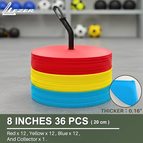 LEZER 6 Inch 8 Inch Flat Cones, Spot Markers, Soccer Cones, Field Court Markers, Sit Spots, Flat Discs, Soccer Training Equipment, Agility Practice, Football, Made in Taiwan