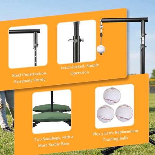 WodGod 2 in1 Baseball Swing Trainer with X Base, Height Adjustable 20-54 inches, 2 Sandbags for Maximum Stability, 3 Balls & 4 Ground Stakes, Great for Improve Swing Power, Accuracy