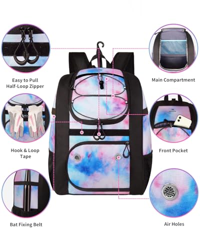 MATEIN Softball Bag, Lightweight Baseball Backpack with Shoe Compartment, Baseball Bag with Fence Hook for TBall Bat & Equipment, Softball Gifts Catchers Backpack for Women Fit Catcher’s Mitt, Helmet - color: Tie-dye