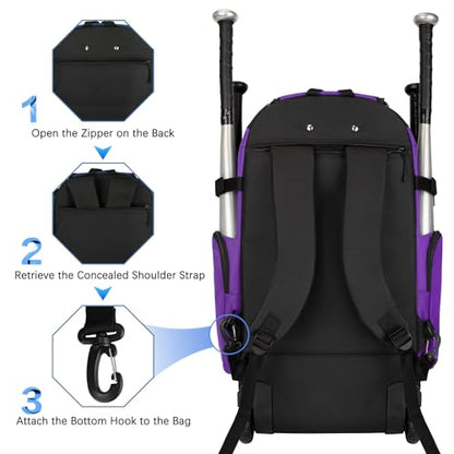 Rolling Baseball Bag with Wheels, 60L Capacity Wheeled Softball bag with Shoe Compartment for Youth & Adult, Bat bag with Hidden Straps,Fence Hook,Holds 4 Bat, Helmet, Glove - color: Purple