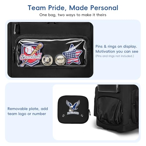KAVIGOR 80L Rolling Baseball & Softball Bag for Youth & Adult, Holds 3 Gloves & 4 Bats, Custom Team Panel, Travel Ball Ready - color: Black
