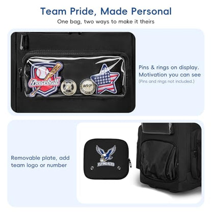 KAVIGOR 80L Rolling Baseball & Softball Bag for Youth & Adult, Holds 3 Gloves & 4 Bats, Custom Team Panel, Travel Ball Ready - color: Black
