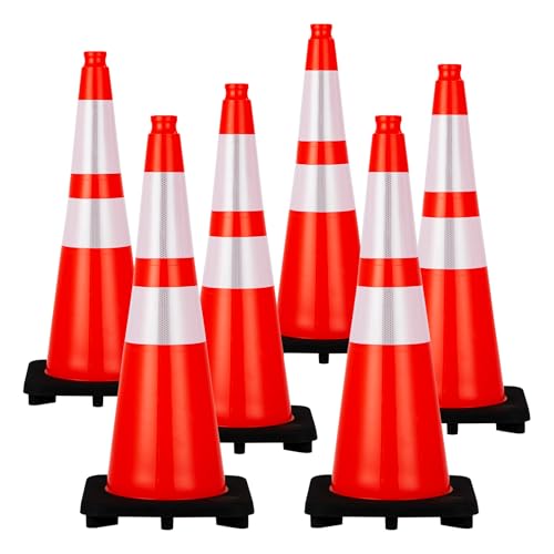 Traffic Cones 28", ExploreHorizon 6 PCS Safety Cones, PVC Orange Safety Road Parking Cones with 2 Reflective Collars,Hazard Construction Cones for Home Traffic Parking - size: 6 PCS Traffic Cones 28"