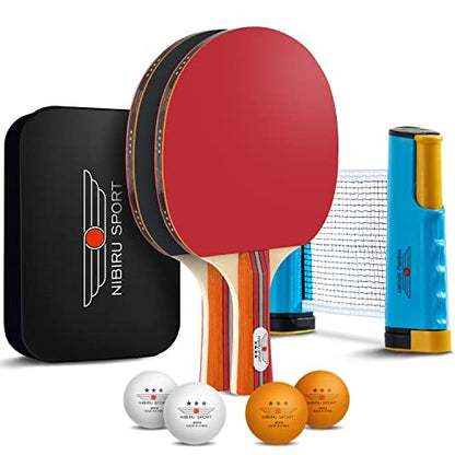NIBIRU SPORT Professional Ping Pong Paddle Sets - 2 Player or 4 Player Table Tennis Paddles, Retractable Net, Pingpong Balls and Carry Bag Storage Case - Table Tennis Equipment & Ping Pong Accessories - style: 2 Paddles+4 Balls+Net