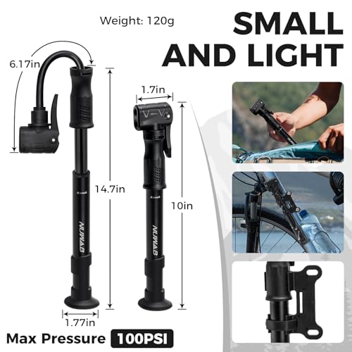 NUWAB Mini Bike Pump, 10 Inch Portable Hand Bicycle Pump, 100PSI, Support Shrader and Presta, Fast Air Out Ball Pump, Work with All Bikes and Balls, Swimming Ring, Come with Ball Needles, Nozzles