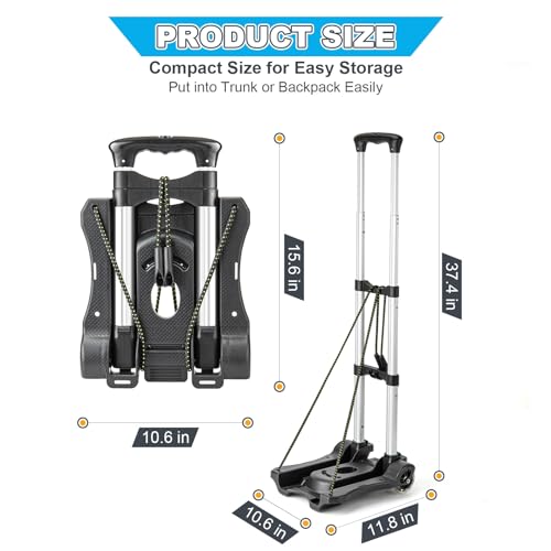 Vsaikeo Small Folding Hand Truck Dolly with 2 Wheels, Lightweight Aluminum Foldable Luggage Cart, Collapsible Cart Portable Dolly for Airport Travel Moving Use