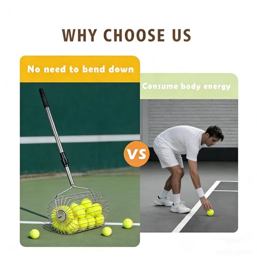 Stainless Steel Tennis Ball Picker Upper Adjustable Cylinder Hopper with Hangable Handle, Portable Tennis Ball Collector and Basket for Easy Pickup and Training, Holds 60+ Balls