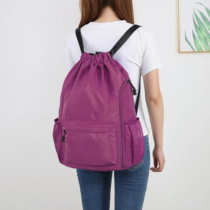 Valleycomfy Waterproof Drawstring Gym Backpack Bag for Men & Women,Sports Gym Bag with Side Pocket Orange - color: A-purple