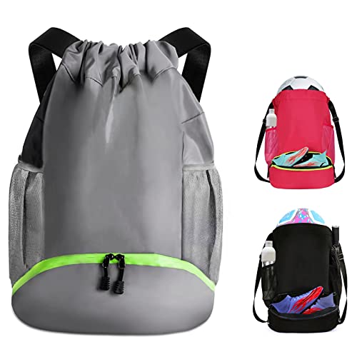 Soccer Bags, Waterproof Drawstring Gym Backpack for Baskestball Rugby Volleyball Yoga, Large Capacity Sports Bag - color: Grey