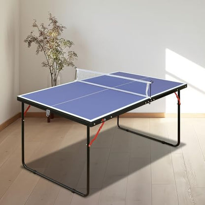 Mid-Size Portable Ping Pong Table, 4ft Compact Foldable Table Tennis Set with Net, Paddles & Balls, Thickened Aluminum Frame for Indoor Outdoor Small Spaces
