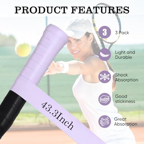 Tennis Racket Grip Tape, Ultra Thin Tacky Tennis Overgrip for Sweat Absorption & Control – Durable Anti-Slip Replacement Grip for Tennis, Badminton & Pickleball (3 Pack) - color: PURPLE