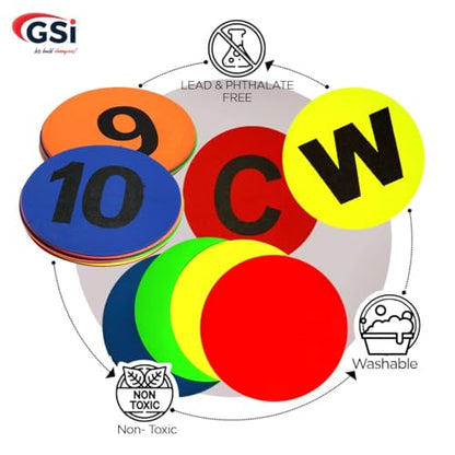 GSi Spot Markers – Non-Slip Non-Toxic Poly Spots – Floor Markers for PE, Sports & Classroom Activities - size: 8.⁠ ⁠Round Alphabet Number Combo
