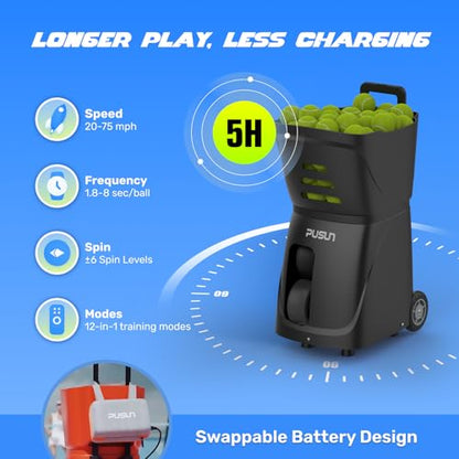 PUSUN｜PT-Smart Tennis Ball Machine: App Control with 12 Built-in Training Modes,6-Level Spin,28-Pt,75 MPH,32.6 lbs,100+ Ball,5H Battery, Portable, for Tennis/Padel,Training, Practice,Beginners to Pros