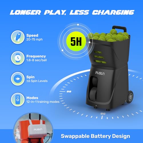 PUSUN｜PT-Smart Tennis Ball Machine: App Control with 12 Built-in Training Modes,6-Level Spin,28-Pt,75 MPH,32.6 lbs,100+ Ball,5H Battery, Portable, for Tennis/Padel,Training, Practice,Beginners to Pros - color: White