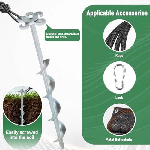 Ground Anchors Screw in – 4 Pack Spiral Tent Stakes heavy duty with Drill Socket & T-Handle, 12 Inch Trampoline Anchor with Hook & Ring Design for Tents, Sheds, Canopies, Swing Sets, Gazebo(4)