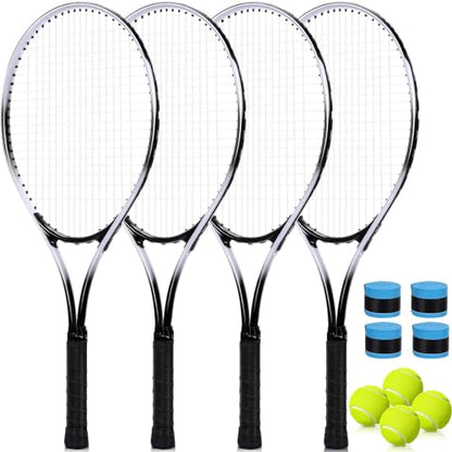 4 Pack Tennis Rackets for Adults Recreational 4 Players Pre Strung 27 Inch Tennis Racquets Lightweight Rackets Bulk with Balls Overgrips for Training - color: Black