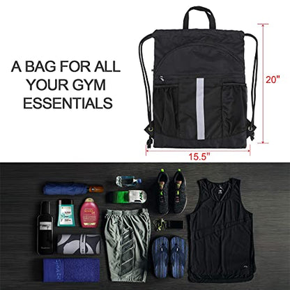 BeeGreen Drawstring Backpack Bag with Shoe Compartment, X-Large Black Gym Sports String Cinch Backpack - color: Black
