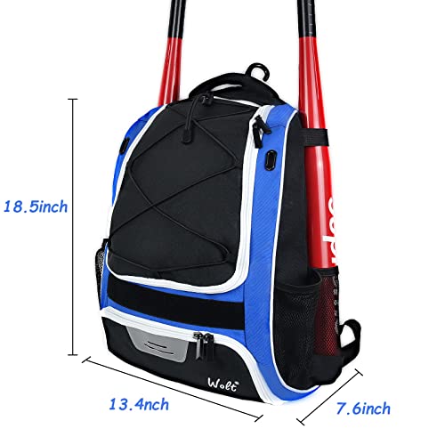 WOLT Youth Baseball Bag - Bat Backpack for Baseball, T-Ball & Softball Equipment & Gear, Bat & Glove Holder, Large Main Compartment for Helmet & accessories, Separate Shoes Compartment, Fence Hook - color: Blue