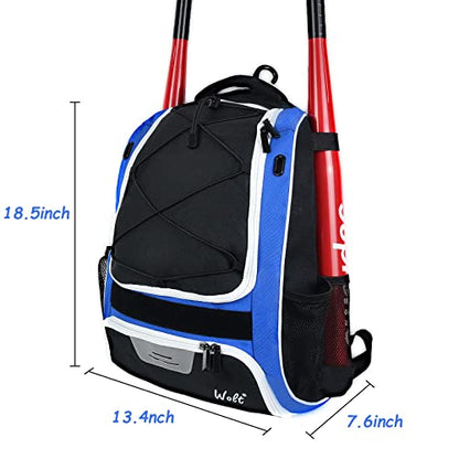 WOLT Youth Baseball Bag - Bat Backpack for Baseball, T-Ball & Softball Equipment & Gear, Bat & Glove Holder, Large Main Compartment for Helmet & accessories, Separate Shoes Compartment, Fence Hook - color: Blue