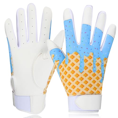 JenPen 1 Pair Youth Ice Cream Drip Batting Gloves 6 Inch Baseball Batting Gloves Long Cuff Leather Ice Cream Drip Pattern Mitt Grip Finger for Softball Teeball Baseball Kids Youth Boys - color: Blue, size: M Size