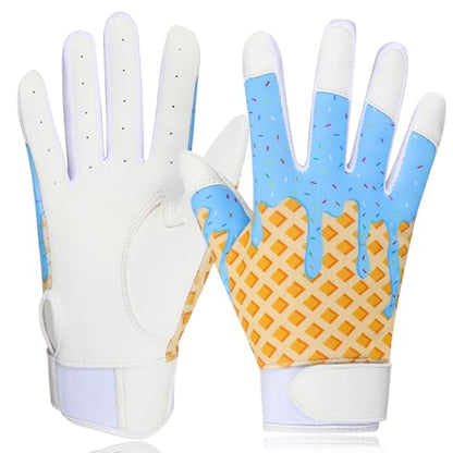 JenPen 1 Pair Youth Ice Cream Drip Batting Gloves 6 Inch Baseball Batting Gloves Long Cuff Leather Ice Cream Drip Pattern Mitt Grip Finger for Softball Teeball Baseball Kids Youth Boys - color: Blue, size: L Size