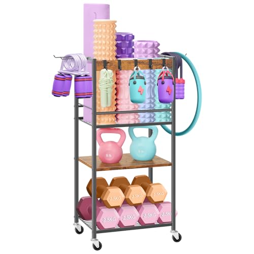 Home Gym Storage Rack, Heavy Duty Yoga Mat Holder Workout Equipment Storage Organizer Weight Rack with Hooks & Wheels for Dumbbells Kettlebells Dumbbell Yoga Block Foam Rollers Yoga Strap Resistance Bands, Fitness Exercise Equipment