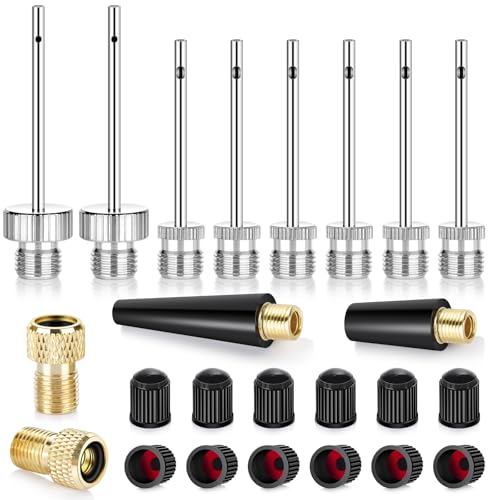 Ball Pump Needles, Unbreakable Air Pump Needles Compatible with Hand and Electric Pump, Sports Ball Air Pump Needles, Tire Valve Caps, Presta to Schrader Valve Adapters, Balloon Inflation Nozzles Kit
