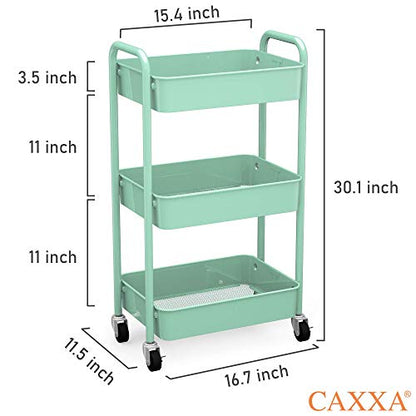CAXXA 3-Tier Rolling Metal Storage Organizer - Mobile Utility Cart, Kitchen Cart with Caster Wheels (Aqua Green) - color: Aqua Green