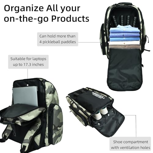 Pickleball Backpack, Large Sports Bag with Shoe Compartment, for Men and Women - color: Camouflage