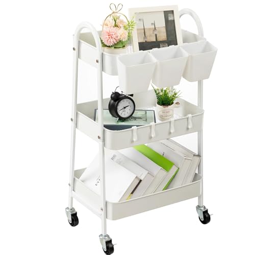 danpinera 3-Tier Rolling Cart, Utility Cart Mobile Metal Rolling Storage Cart with Lockable Wheels & Hanging Cups & Hooks for Kitchen, Bathroom, Office, Workshop, White - color: White, size: Normal (3 tier)