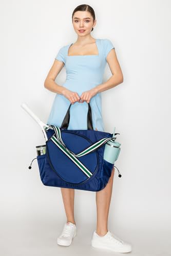 Tennis Bag for Women Racket Tote, Stylish Backpack - Unisex Racquet Sports Pickleball Bag Convertible Shoulder, Crossbody Strap Large Compartment - color: Tote - Navy/Green Stripe