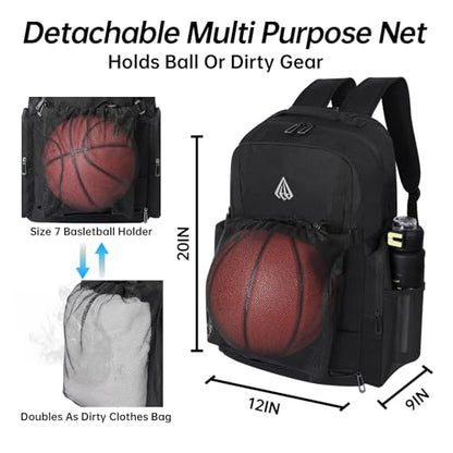 Pro Basketball Bag with Size 14 Shoe Compartment & Detachable Ball Mesh,Large Basketball Backpack for Boys with Wet Dry Separation,Insulated Cooler Pocket,Best for Basketball,Soccer,Volleyball