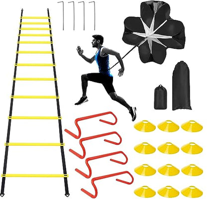 YEXEXINM Professional Agility Ladder Speed Training Equipment Set-20ft Agility Ladder,12 Soccer Cones, 4 Agility Hurdles, Running Parachute, Suitable for Soccer Football Basketball Training - color: yellow