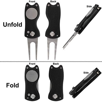 Golf Divot Repair Tool with Magnetic Ball Marker, Metal and Foldable Design