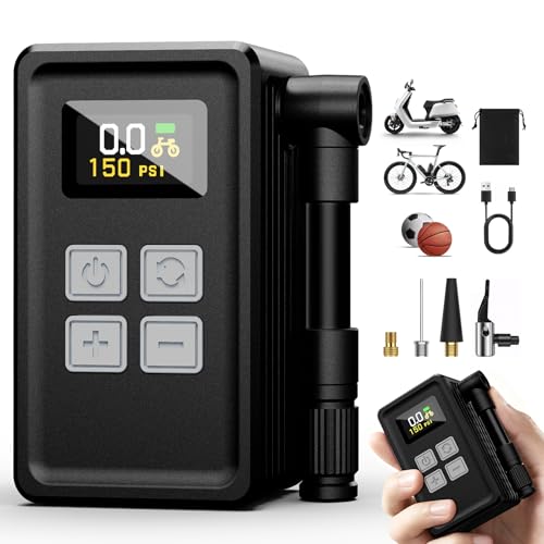 Mini Bike Pump 150PSI with Gauge, Fast Inflation Electric Air Pump, Portable Tire Inflator for Presta & Schrader Valve - Electric Bike, Mountain Bike, Road Bike, Motorcycle, Sports Ball