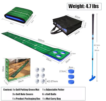 Putting Game, Indoor Green Putting Game Set, Detachable Golf Putting Mat - Includes 1 Putter, 6 Golf Balls, 3 Golf Cups, 1 Bag for Home Office Backyard with Family/Friends