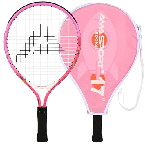 AMA SPORT Kids Tennis Racket 17/19/21/23/25 Inch Tennis Racket for Kids Girls and Boys Beginners Toddlers Starter Junior Racquet with Shoulder Strap Bag (Age 2-10) - color: Rocket-Pink, size: 17"
