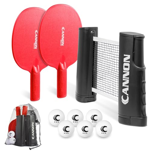 Cannon Sports Table Tennis Set – 2 Unbreakable Paddles, 6 3-Star Balls, Retractable Net & Carry Bag – Clamp-On Portable Ping Pong Net Fits Tables up to 2 Inch Thick, Extends to 6 Feet - color: Red