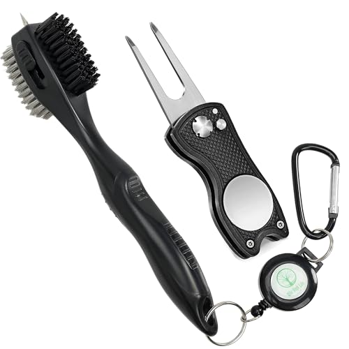 Mile High Life Golf Club Brush, Club Groove Cleaner with 2 Ft Retractable Extension Cord and Aluminum Carabiner, Golf Bag Accessories for Men and Women - color: 2 Pack (Pro Head Black Brush & Divot Tool)