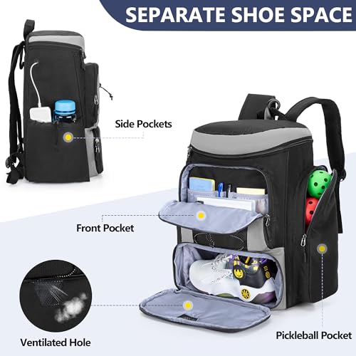 GOBUROS Pickleball Paddle Bag Backpack for 4 Rackets with Fence Hook, Pickleball Equipment Bag with Shoe Compartment for Men Women, Bag Only